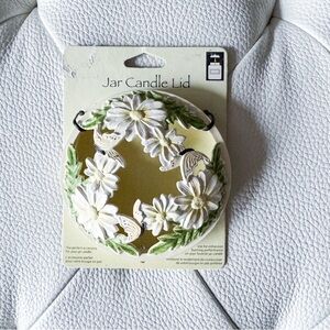 NWT Floral Topper Jar Candle Lid with White and Green Accents 3”x3”
